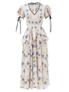 Matchesfashion.com Rodarte - Puff-sleeve Floral-print Silk-blend Crepe Dress - Womens - Blue White
