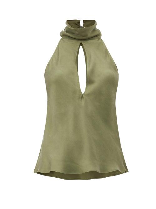 Matchesfashion.com Worme - The High Neck Sandwashed-silk Halterneck Blouse - Womens - Khaki