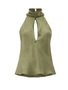 Matchesfashion.com Worme - The High Neck Sandwashed-silk Halterneck Blouse - Womens - Khaki