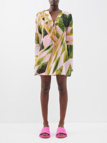 Louisa Ballou - Endgame-print Silk-blend Kaftan - Womens - Pink Green