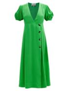 Ganni - Puff-sleeve Ripstop Wrap Midi Dress - Womens - Green