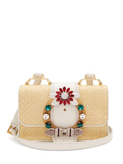 Matchesfashion.com Miu Miu - Crystal Embellished Raffia Cross Body Bag - Womens - White Multi