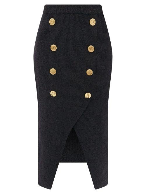 Matchesfashion.com Balmain - Double-breasted Buttoned Wool-blend Skirt - Womens - Black