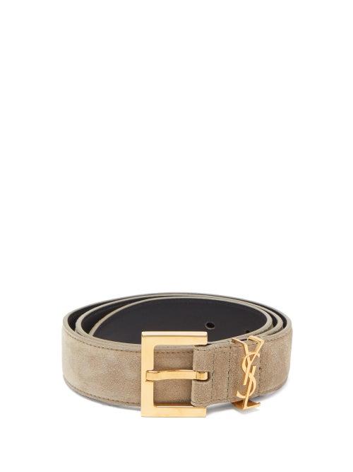 Matchesfashion.com Saint Laurent - Logo Plaque Suede Belt - Womens - Grey