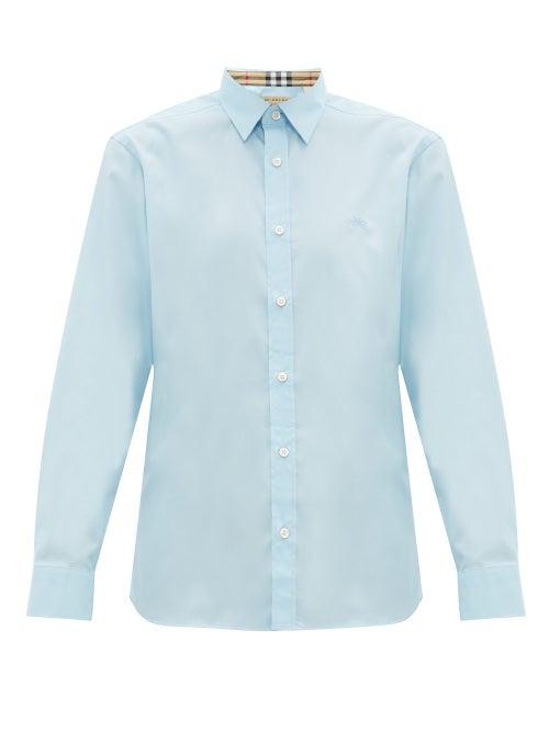 Matchesfashion.com Burberry - William Logo Embroidered Cotton Blend Poplin Shirt - Mens - Light Blue