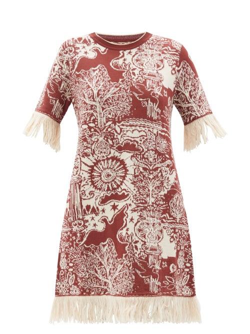 La Doublej - Ionic Fringed Jacquard-knit Wool-blend Mini Dress - Womens - Red Multi