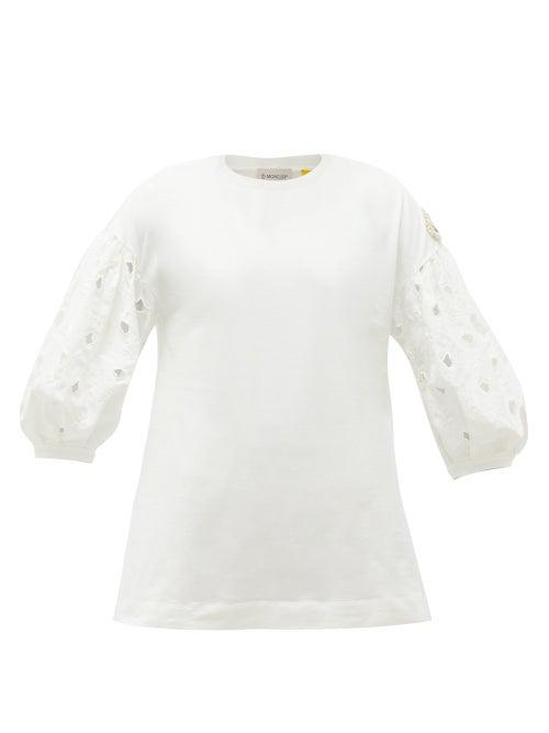 Matchesfashion.com 4 Moncler Simone Rocha - Broderie Anglaise-sleeved Cotton-jersey T-shirt - Womens - White