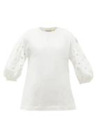 Matchesfashion.com 4 Moncler Simone Rocha - Broderie Anglaise-sleeved Cotton-jersey T-shirt - Womens - White
