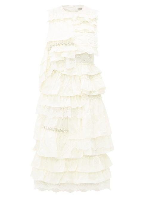 Matchesfashion.com 4 Moncler Simone Rocha - Lace Trimmed Broderie Anglaise Ruffled Dress - Womens - White
