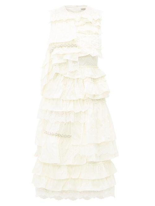 Matchesfashion.com 4 Moncler Simone Rocha - Lace Trimmed Broderie Anglaise Ruffled Dress - Womens - White