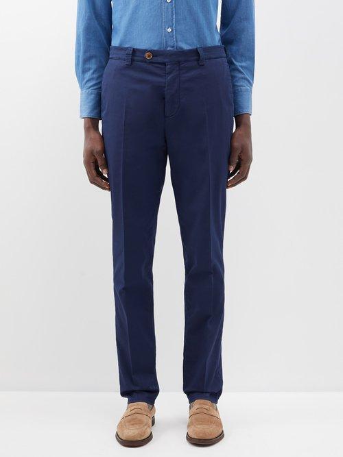 Brunello Cucinelli - Pleated Cotton-blend Trousers - Mens - Navy