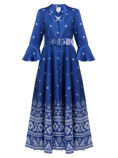 Matchesfashion.com Gl Hrgel - Geometric Print Linen Midi Dress - Womens - Blue Print