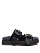 Matchesfashion.com Alexander Mcqueen - Buckled Flatform Velvet Sandals - Womens - Navy Silver