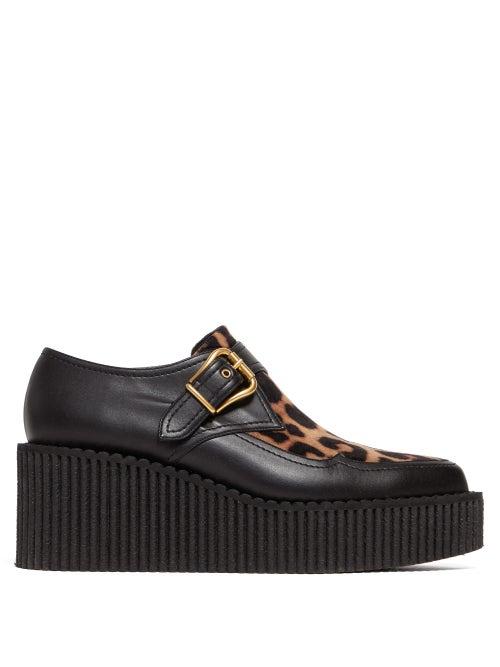Matchesfashion.com Stella Mccartney - Buckled Leopard Print Faux Leather Platform Shoes - Womens - Black Tan