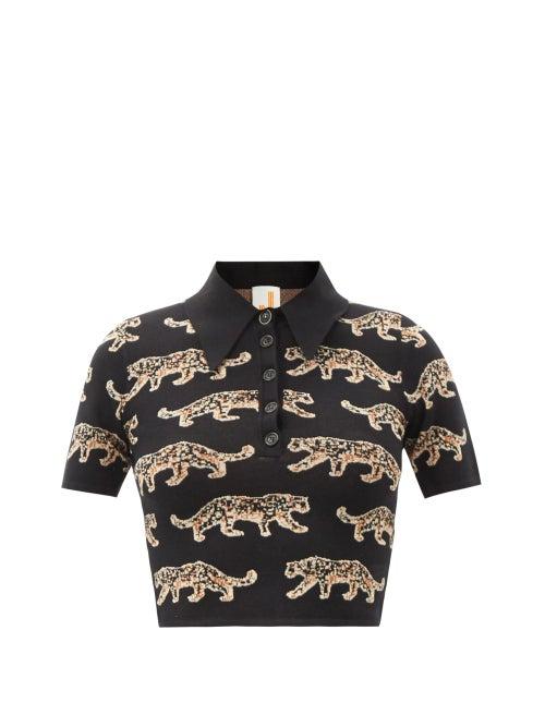 Matchesfashion.com Joostricot - Leopard-jacquard Polo Crop Top - Womens - Black Multi