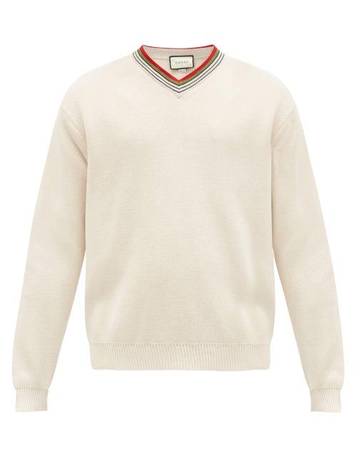 Matchesfashion.com Gucci - Web-stripe V-neck Cotton Sweater - Mens - White