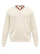 Matchesfashion.com Gucci - Web-stripe V-neck Cotton Sweater - Mens - White
