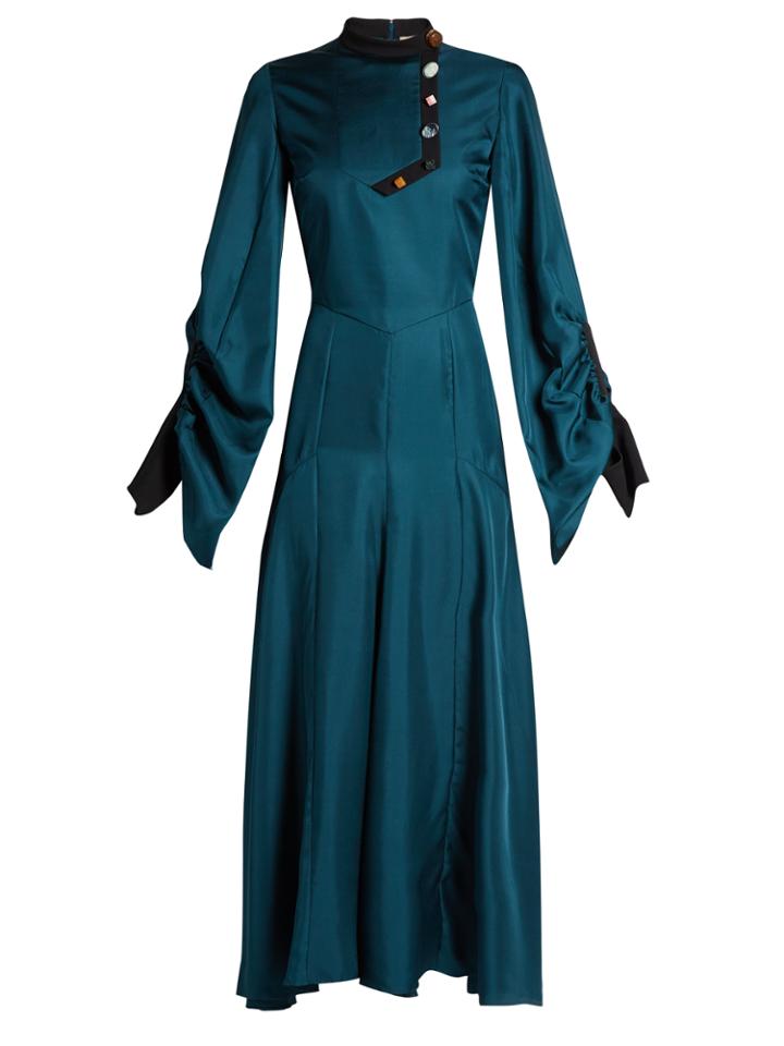 Roksanda Omari High-neck Ruched-sleeve Satin-twill Dress