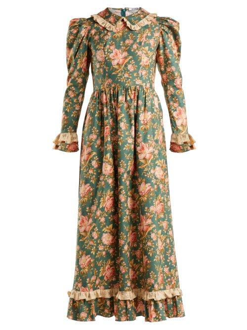 Matchesfashion.com Batsheva - Ruffle Trimmed Floral Print Cotton Dress - Womens - Green Multi