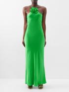 Rodarte - Halterneck Floral-appliqu Silk-satin Dress - Womens - Green