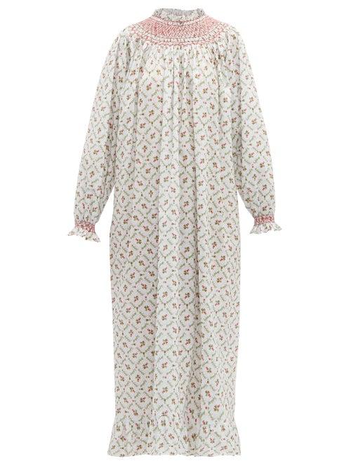 Matchesfashion.com Loretta Caponi - Smocked Floral Print Cotton Maxi Dress - Womens - White Multi