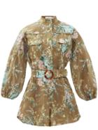 Matchesfashion.com Zimmermann - Cassia Floral-print Belted Linen Playsuit - Womens - Green Print