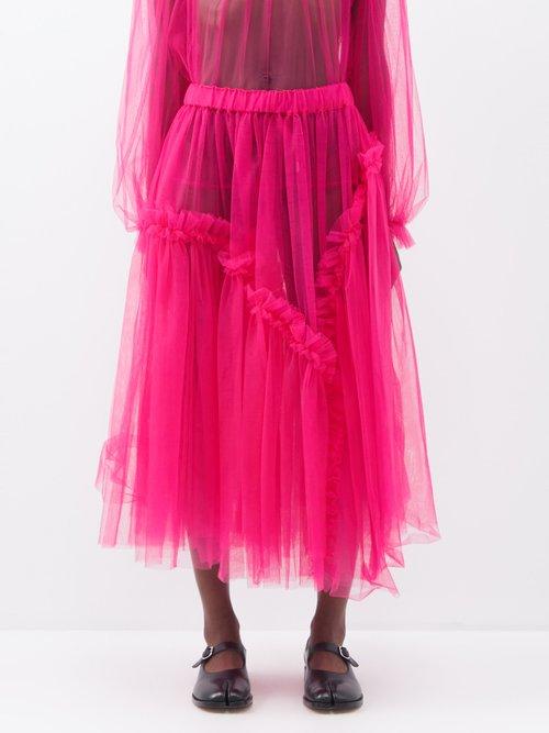 Noir Kei Ninomiya - Ruffled Tulle Midi Skirt - Womens - Fuchsia