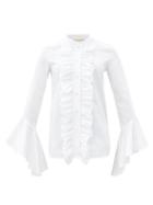 Matchesfashion.com Khaite - Keith Trumpet-sleeve Ruffled Cotton-poplin Blouse - Womens - White