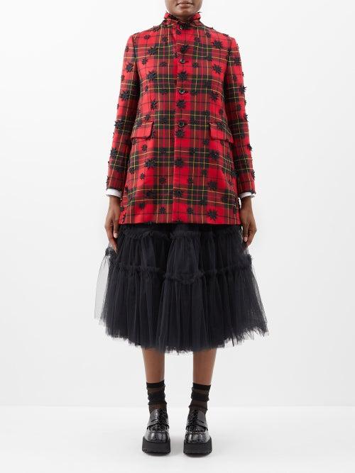 Comme Des Garons Comme Des Garons - Flower-appliqu Single-breasted Wool Tartan Blazer - Womens - Red Black