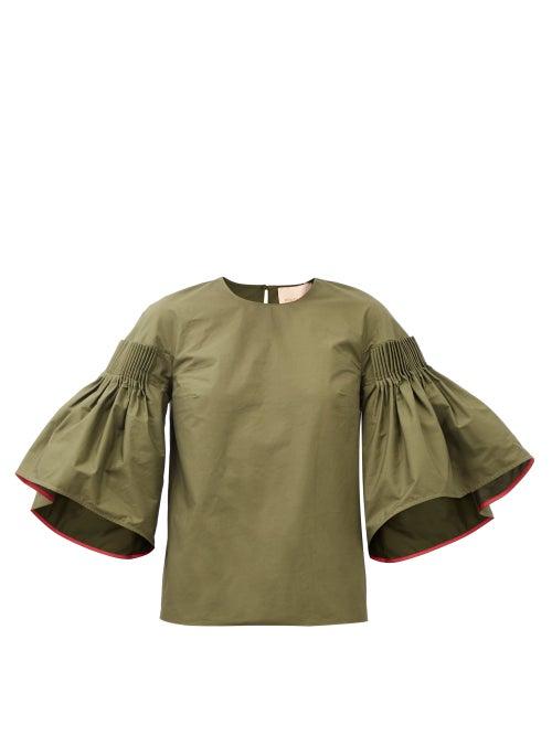 Roksanda - Pleated-sleeve Cotton-poplin Top - Womens - Khaki