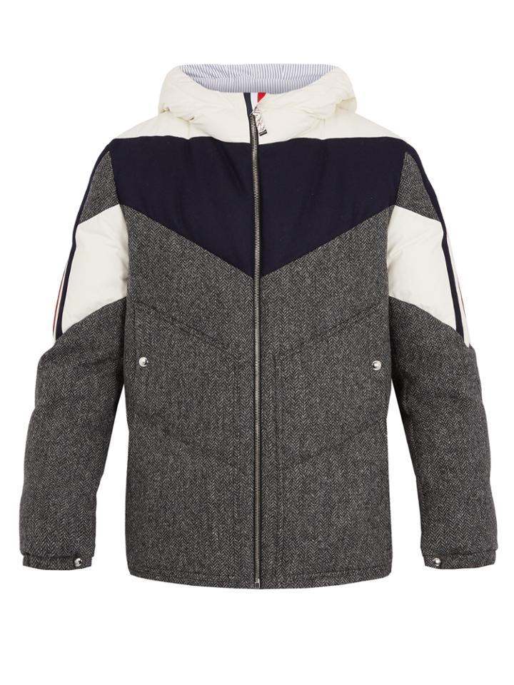 Moncler Gamme Bleu Hooded Contrast-panel Herringbone-wool Down Jacket