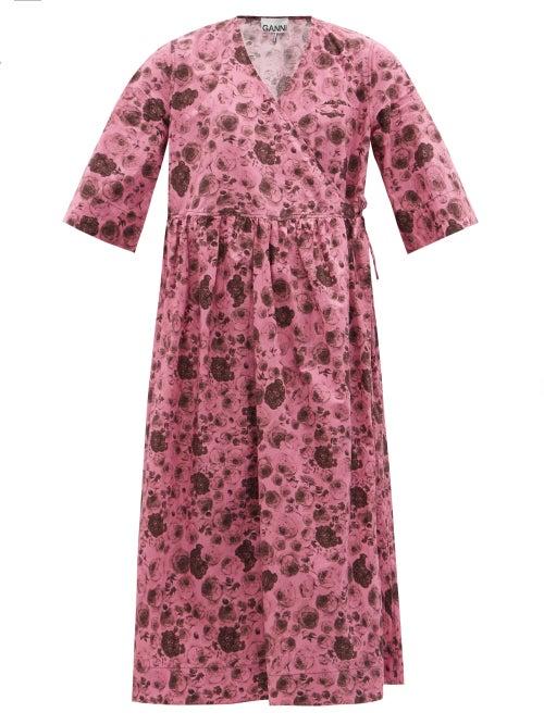 Ladies Rtw Ganni - Floral-print Organic-cotton Poplin Midi Wrap Dress - Womens - Pink