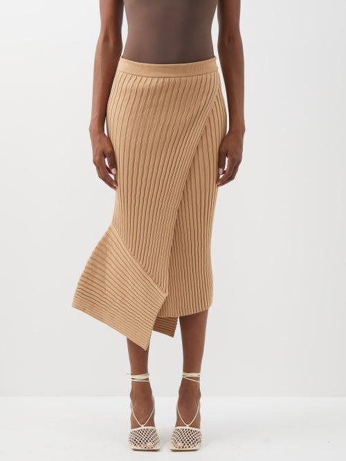 Stella Mccartney - Wrap-front Ribbed Cotton-jersey Skirt - Womens - Camel