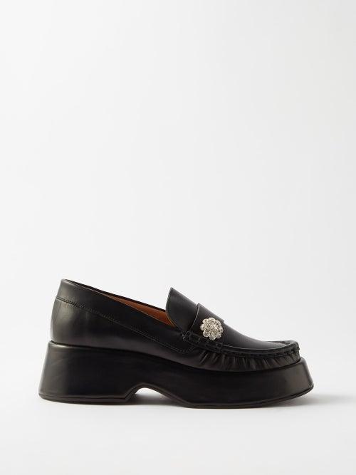 Ganni - Crystal-embellished Suede Flatform Loafers - Womens - Black