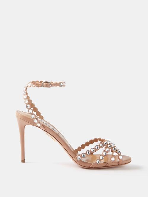 Aquazzura - Tequila 85 Crystal-embellished Leather Sandals - Womens - Beige