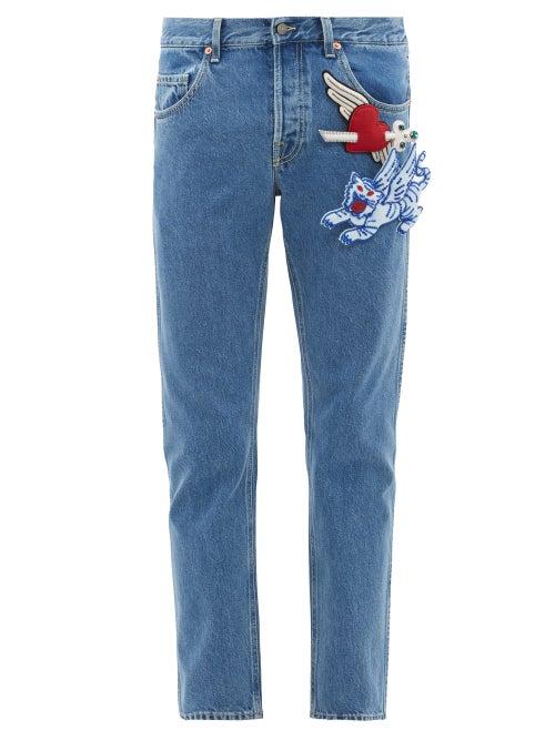 Matchesfashion.com Gucci - Padded Appliqu Tapered Cotton Jeans - Mens - Blue