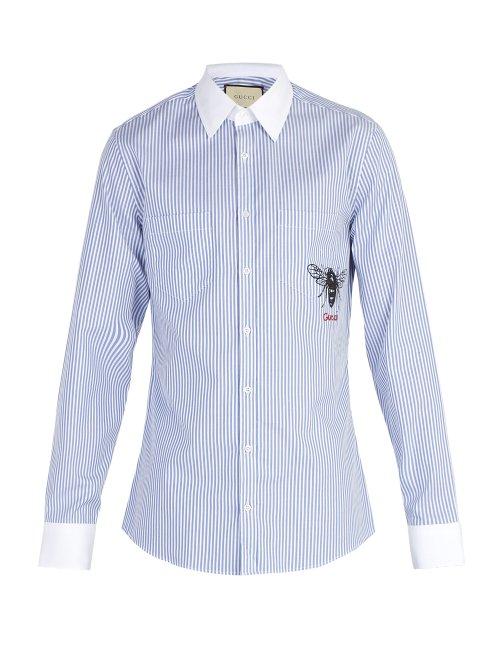 Matchesfashion.com Gucci - Bee Print Striped Cotton Shirt - Mens - Blue