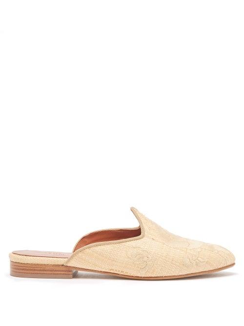 Le Monde Beryl - Floral-embroidered Raffia Backless Loafers - Womens - Beige