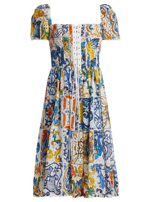 Matchesfashion.com Dolce & Gabbana - Majolica Print Cotton Broderie Anglaise Midi Dress - Womens - White Print