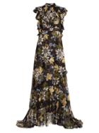 Matchesfashion.com Erdem - Riva Passion Flower Print Ruffle Trimmed Silk Gown - Womens - Black Multi