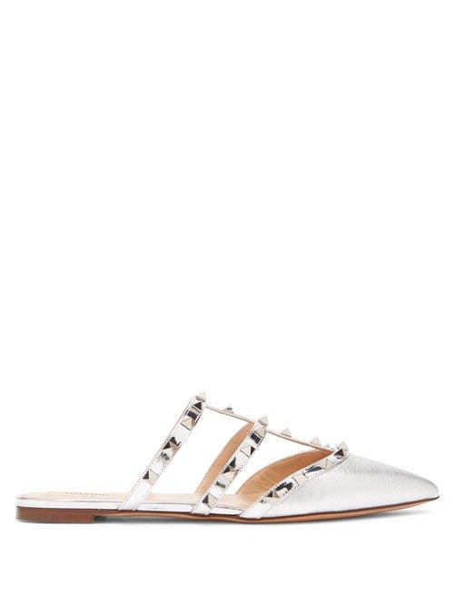 Matchesfashion.com Valentino - Rockstud Point Toe Leather Backless Flats - Womens - Silver