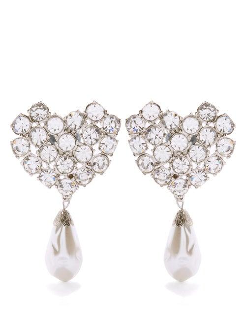 Alessandra Rich - Crystal & Faux-pearl Heart Clip Earrings - Womens - Silver