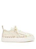 Chlo - Lauren Lace-covered Leather Low-top Trainers - Womens - Light Beige