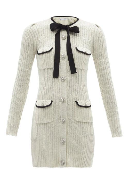 Matchesfashion.com Self-portrait - Pussy-bow Ribbed Cotton-blend Lurex Mini Dress - Womens - Ivory