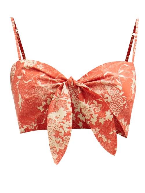 Hester Bly - Noor Tie-front Floral-print Cotton Cropped Top - Womens - Red Print