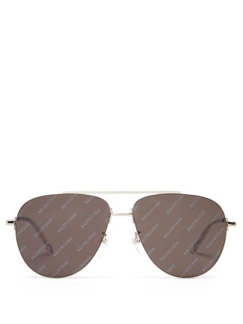 Matchesfashion.com Balenciaga - Logomania Aviator Frame Metal Sunglasses - Womens - Black Silver