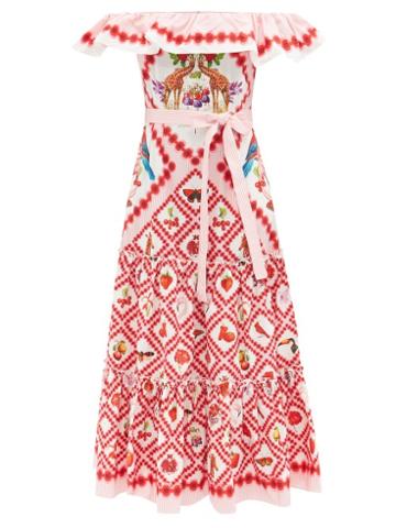Mary Katrantzou Mary-mare - Cannes Off-shoulder Cotton-blend Midi Dress - Womens - Red Print