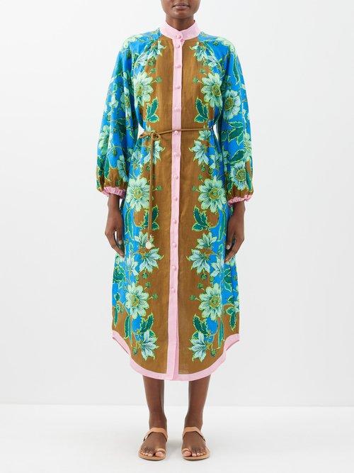 Ale Mais - Winnie Floral-print Linen Shirt Dress - Womens - Blue Multi