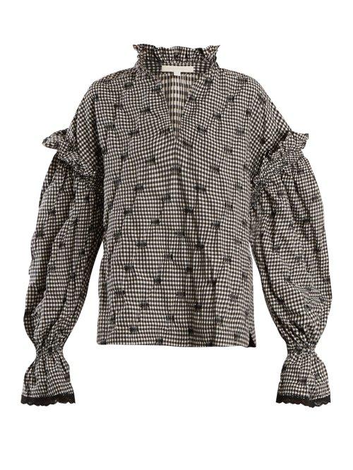 Matchesfashion.com Jonathan Simkhai - Ruffled Collar Smocked Gingham Blouse - Womens - Black White