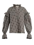 Matchesfashion.com Jonathan Simkhai - Ruffled Collar Smocked Gingham Blouse - Womens - Black White